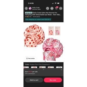 Women’s Strawberry Satin Bonnets with Satin Eye Mask